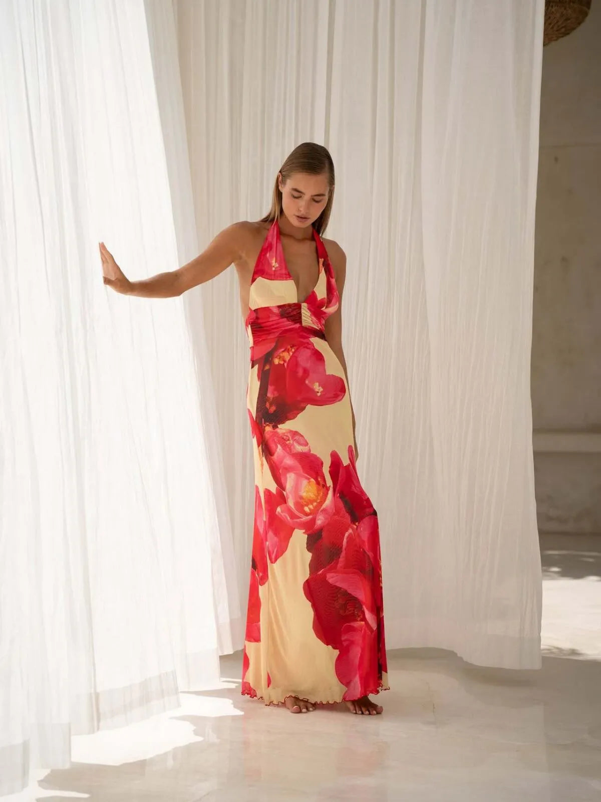 Polka Dots Floral Summer Vacation Backless Halter Mesh A-line Dress