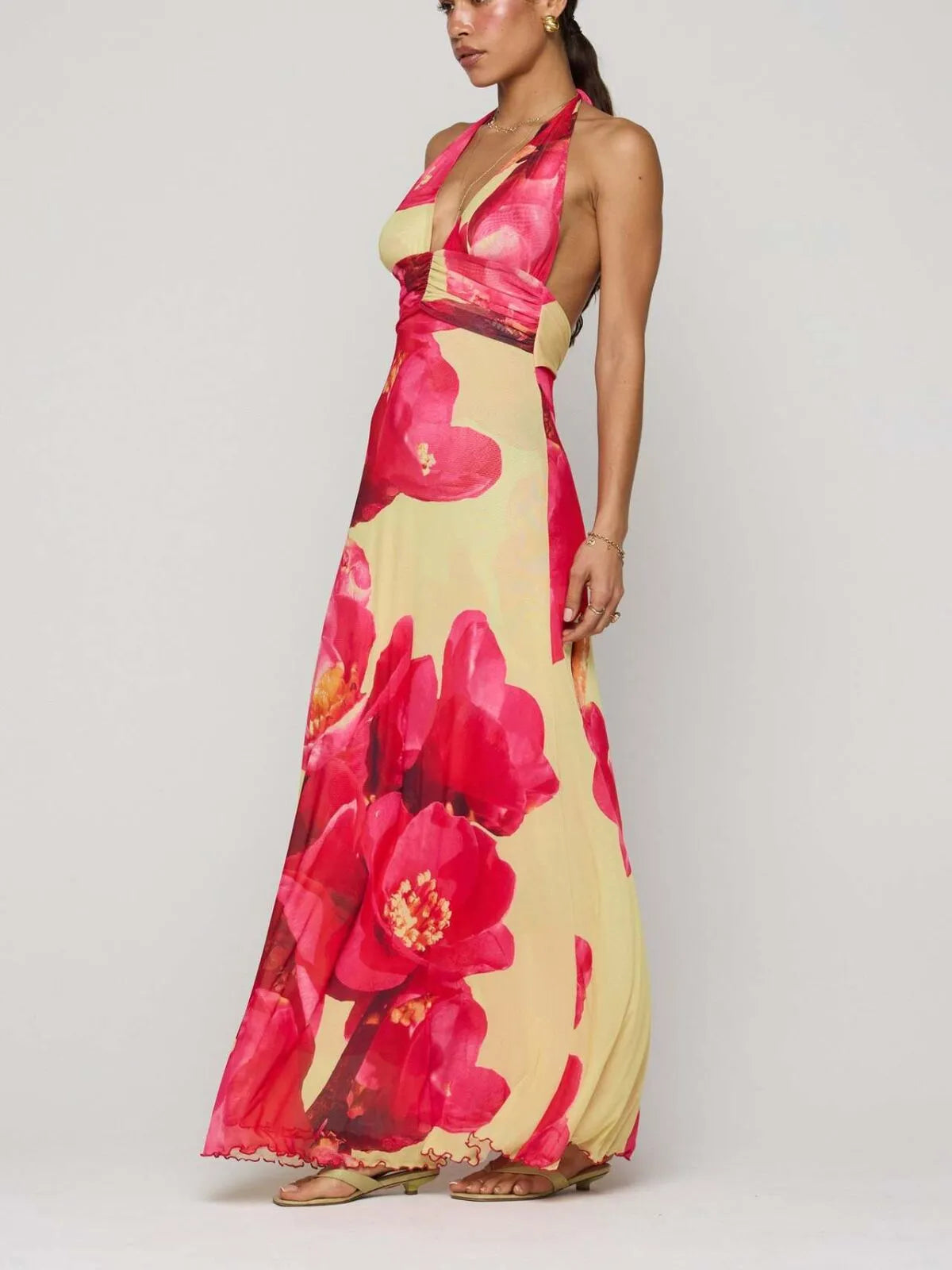 Polka Dots Floral Summer Vacation Backless Halter Mesh A-line Dress