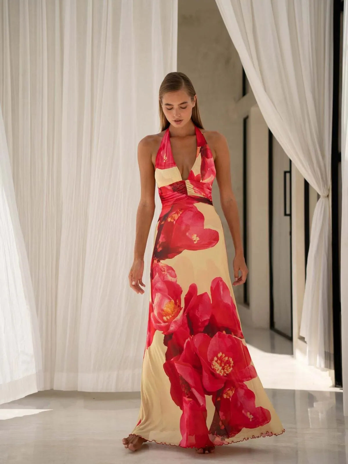 Polka Dots Floral Summer Vacation Backless Halter Mesh A-line Dress