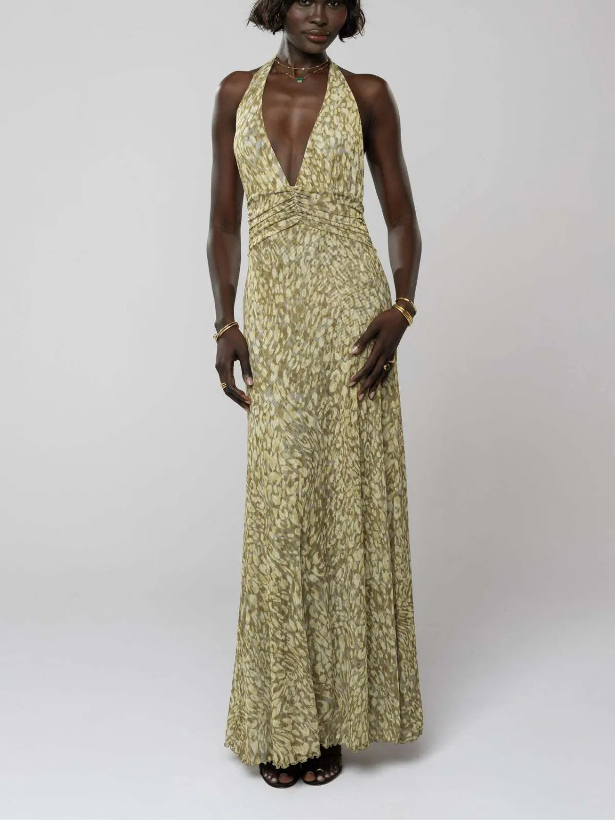 Polka Dots Floral Summer Vacation Backless Halter Mesh A-line Dress