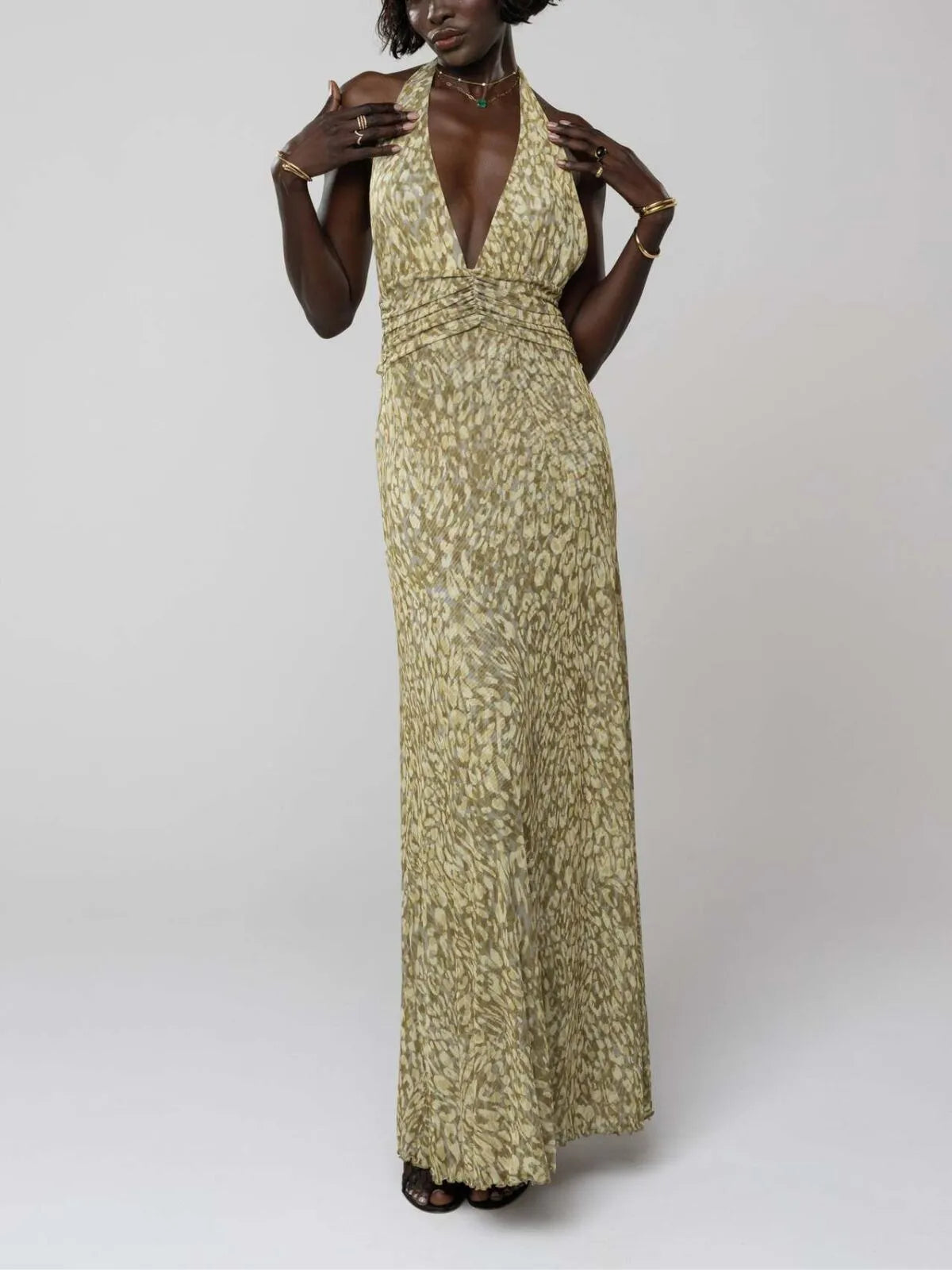 Polka Dots Floral Summer Vacation Backless Halter Mesh A-line Dress