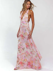 Polka Dots Floral Summer Vacation Backless Halter Mesh A-line Dress