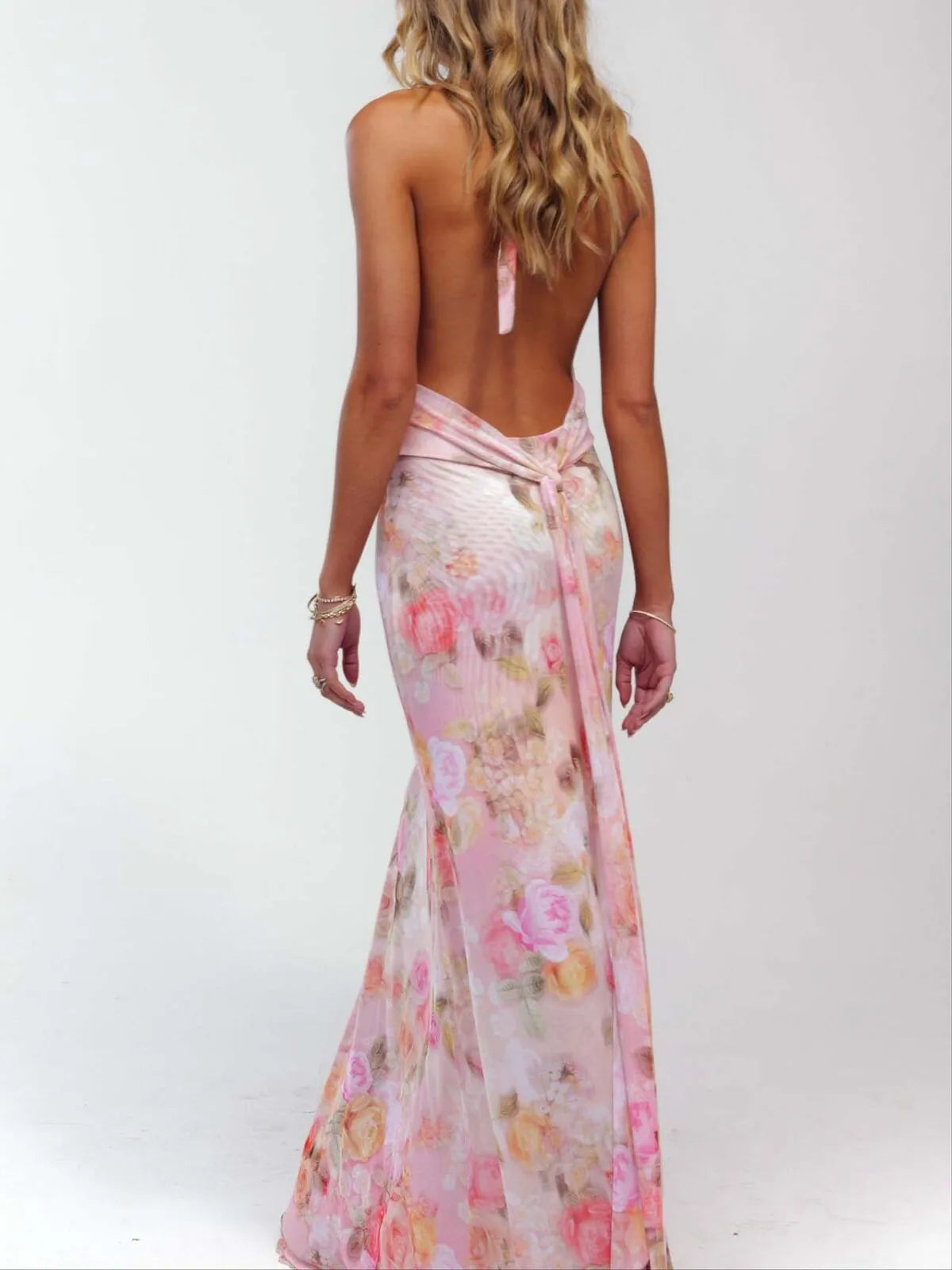 Polka Dots Floral Summer Vacation Backless Halter Mesh A-line Dress