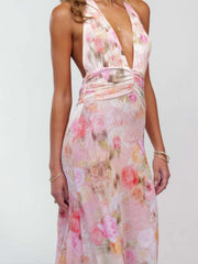 Polka Dots Floral Summer Vacation Backless Halter Mesh A-line Dress