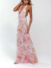 Polka Dots Floral Summer Vacation Backless Halter Mesh A-line Dress