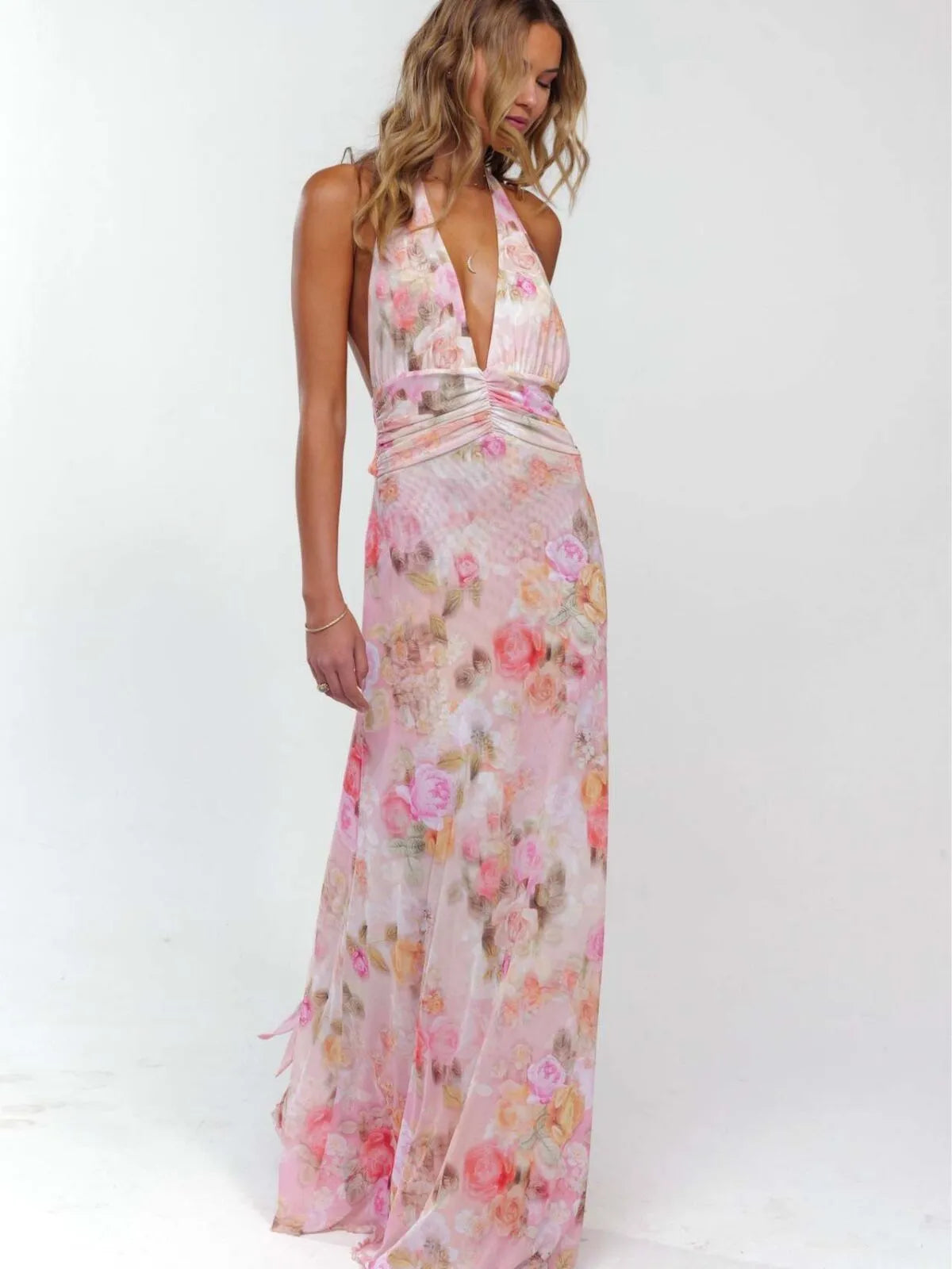 Polka Dots Floral Summer Vacation Backless Halter Mesh A-line Dress