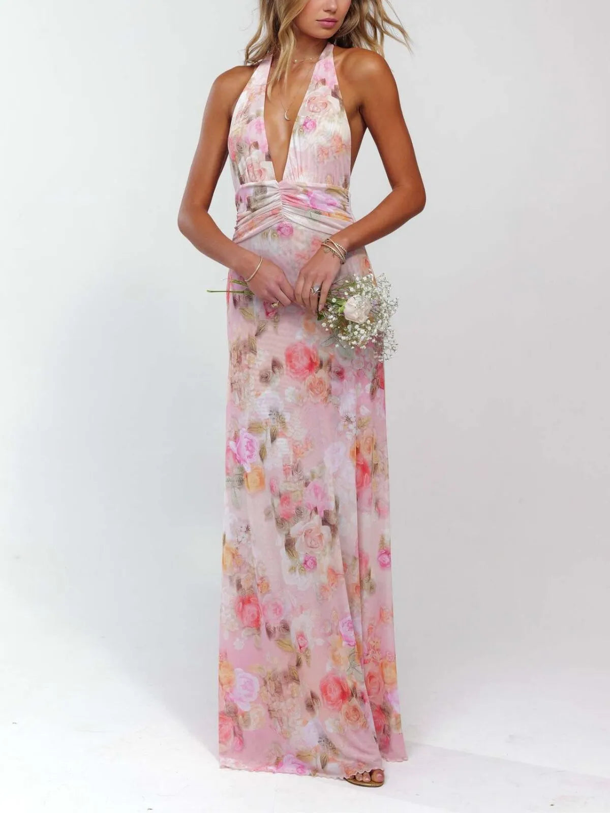 Polka Dots Floral Summer Vacation Backless Halter Mesh A-line Dress