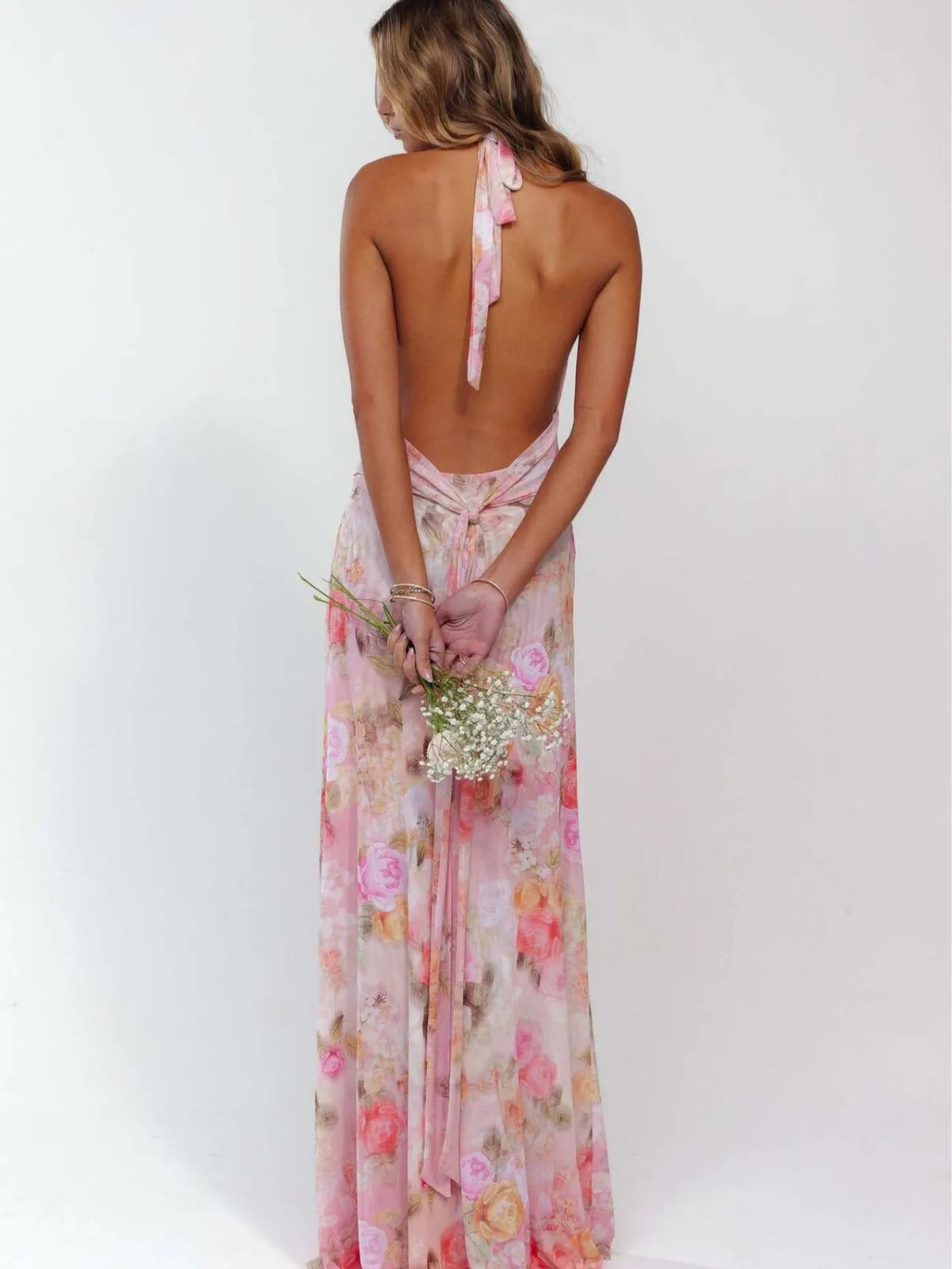 Polka Dots Floral Summer Vacation Backless Halter Mesh A-line Dress