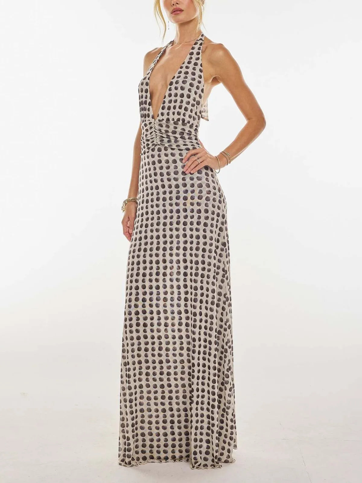 Polka Dots Floral Summer Vacation Backless Halter Mesh A-line Dress