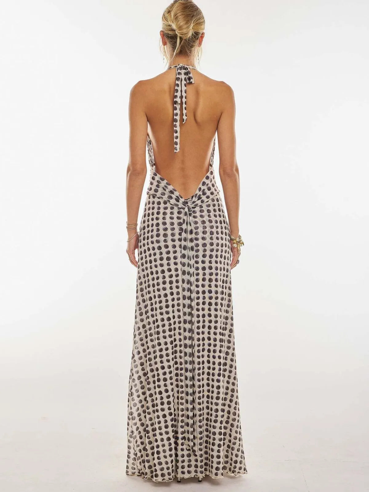 Polka Dots Floral Summer Vacation Backless Halter Mesh A-line Dress