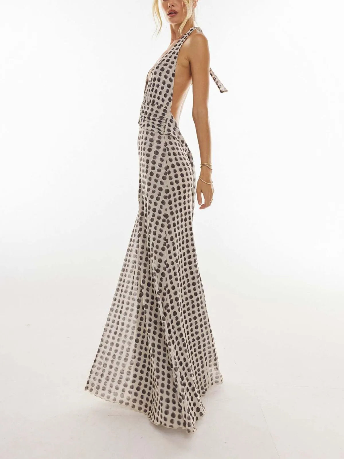 Polka Dots Floral Summer Vacation Backless Halter Mesh A-line Dress