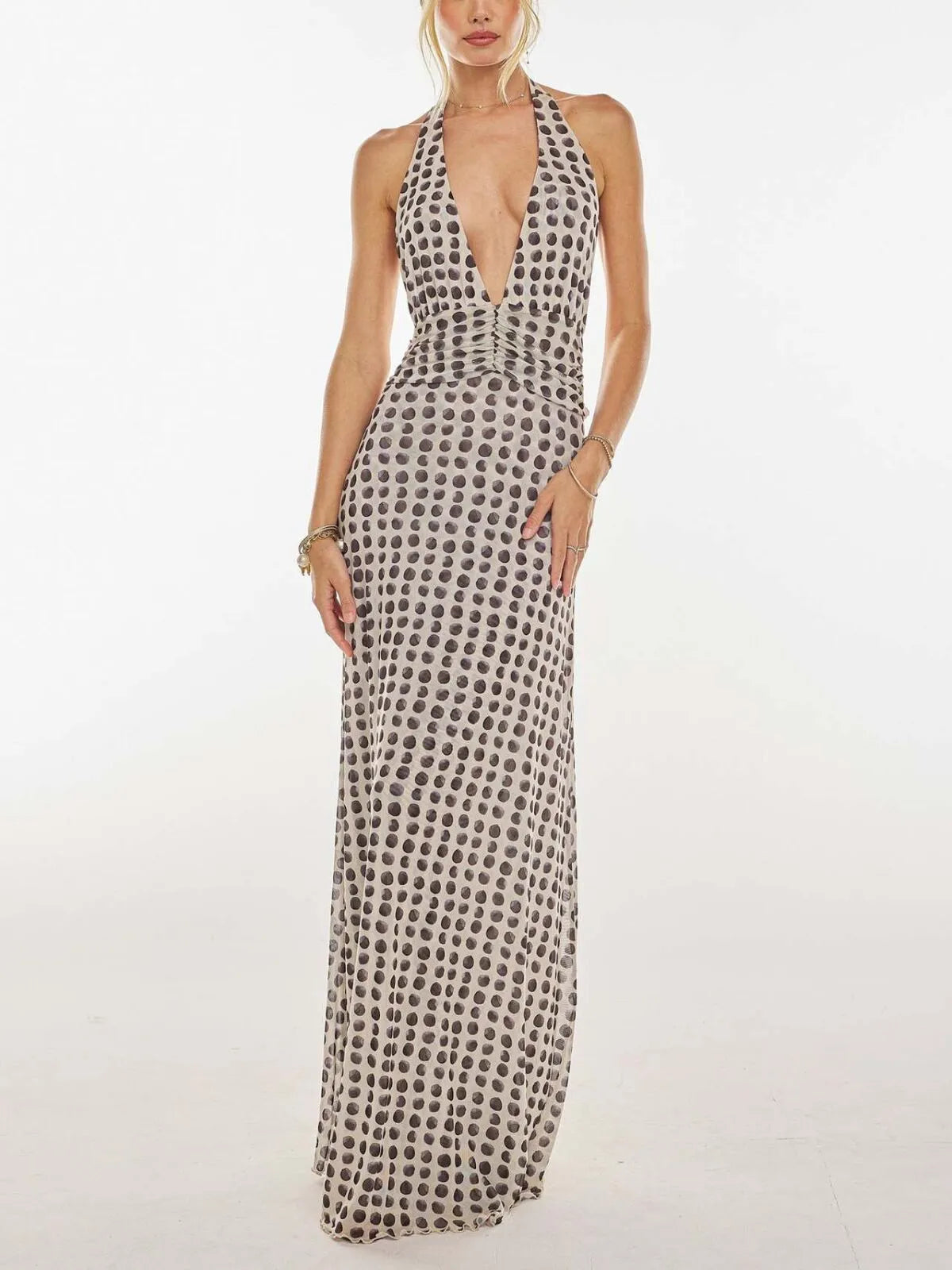 Polka Dots Floral Summer Vacation Backless Halter Mesh A-line Dress
