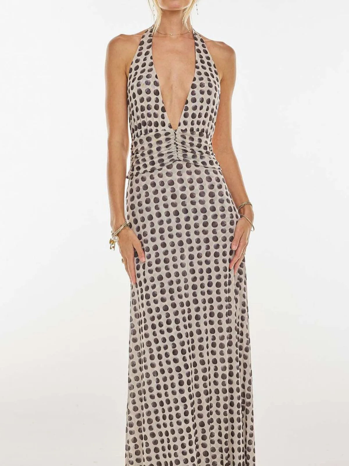 Polka Dots Floral Summer Vacation Backless Halter Mesh A-line Dress