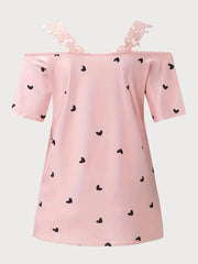 Polka Dots Lace Suspender Cold Shoulder Cutwork T-shirt