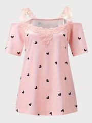 Polka Dots Lace Suspender Cold Shoulder Cutwork T-shirt