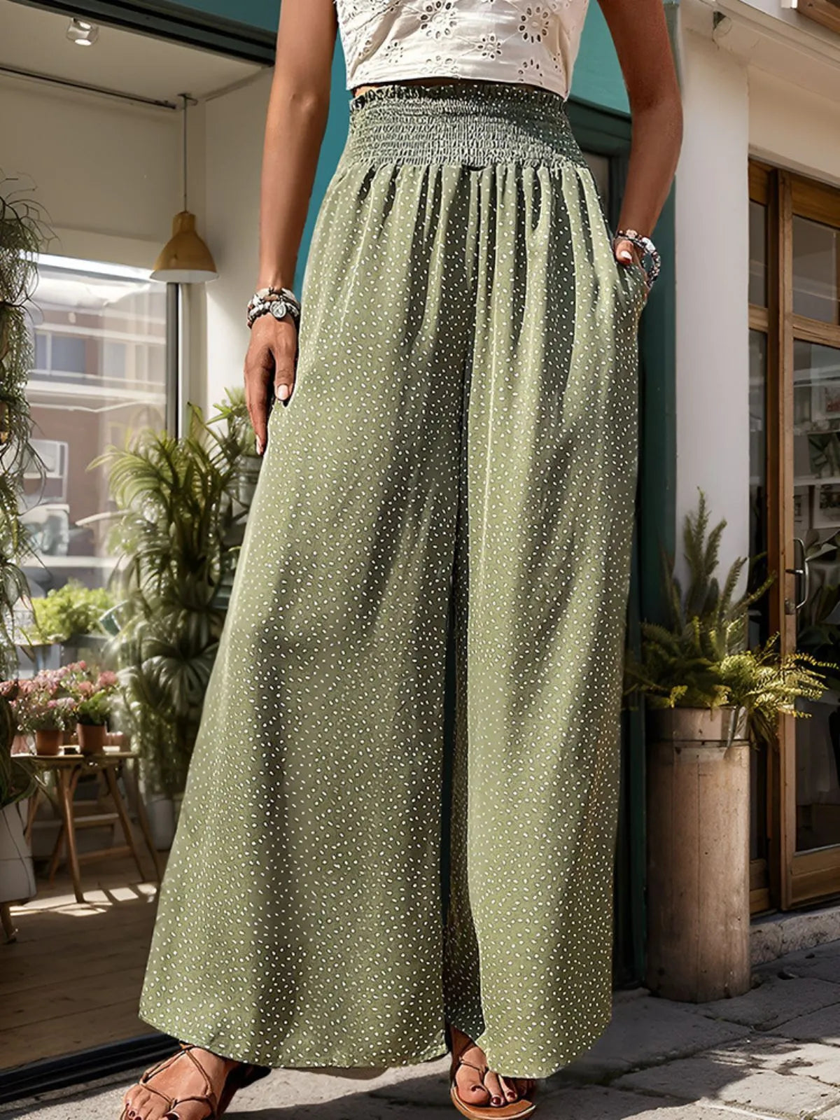 Casual Polka Dots Pocket High Rise Palazzo Pants