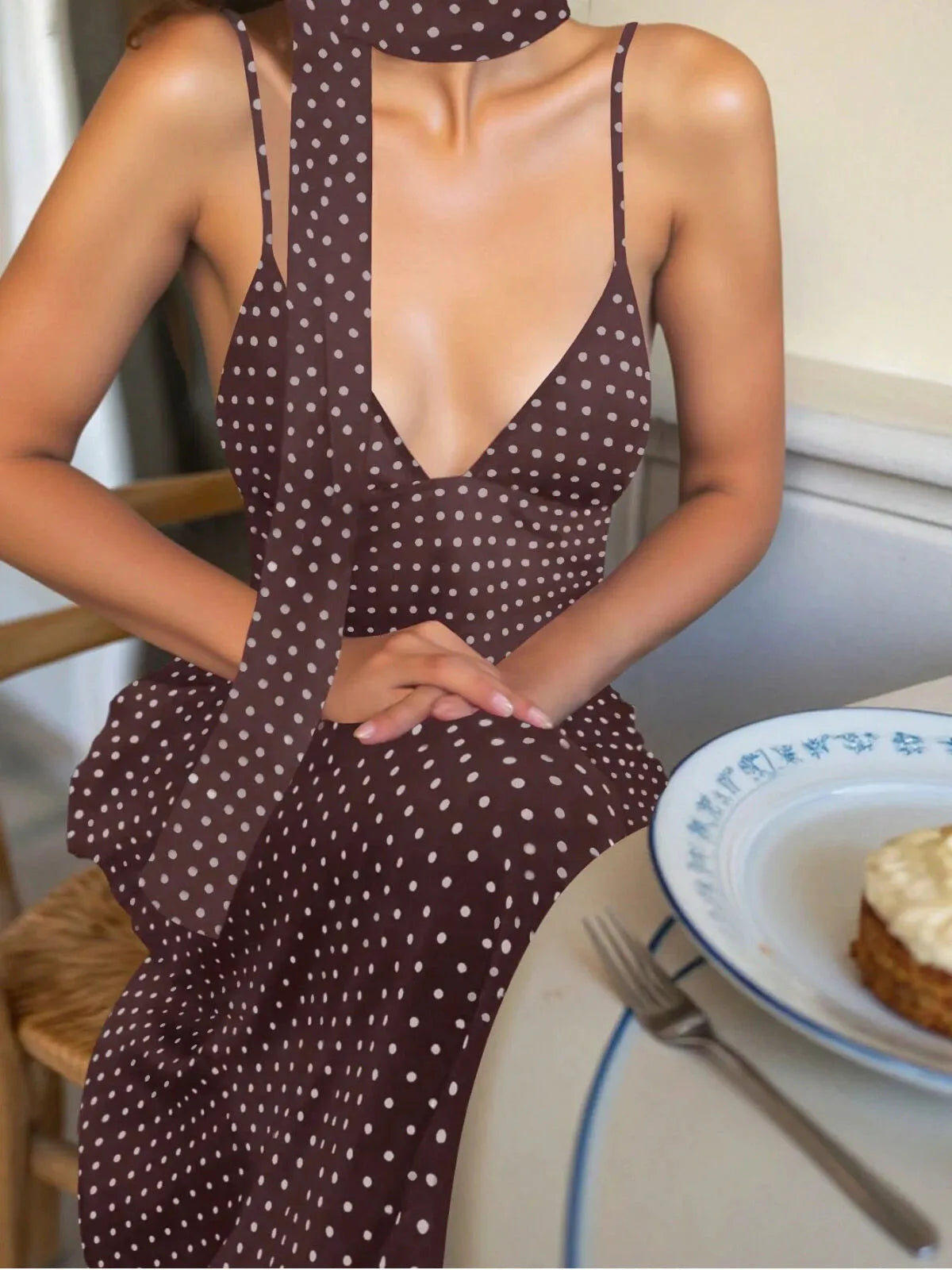 Polka Dots Spaghetti Strap Tie Back Backless Chiffon Fit and Flare Dress