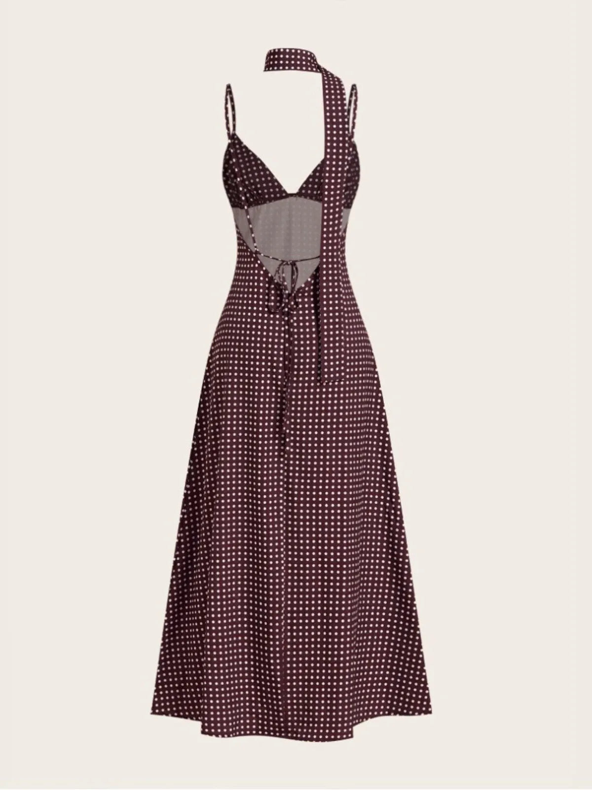 Polka Dots Spaghetti Strap Tie Back Backless Chiffon Fit and Flare Dress
