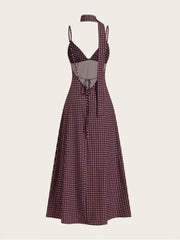 Polka Dots Spaghetti Strap Tie Back Backless Chiffon Fit and Flare Dress