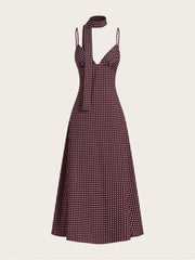 Polka Dots Spaghetti Strap Tie Back Backless Chiffon Fit and Flare Dress