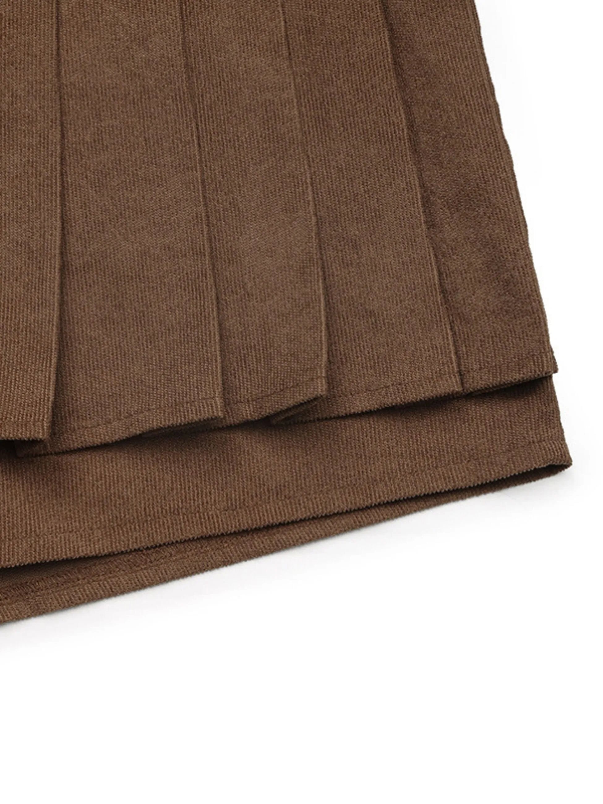 Preppy Style Walnut Brown Pleated Corduroy Mini Skort