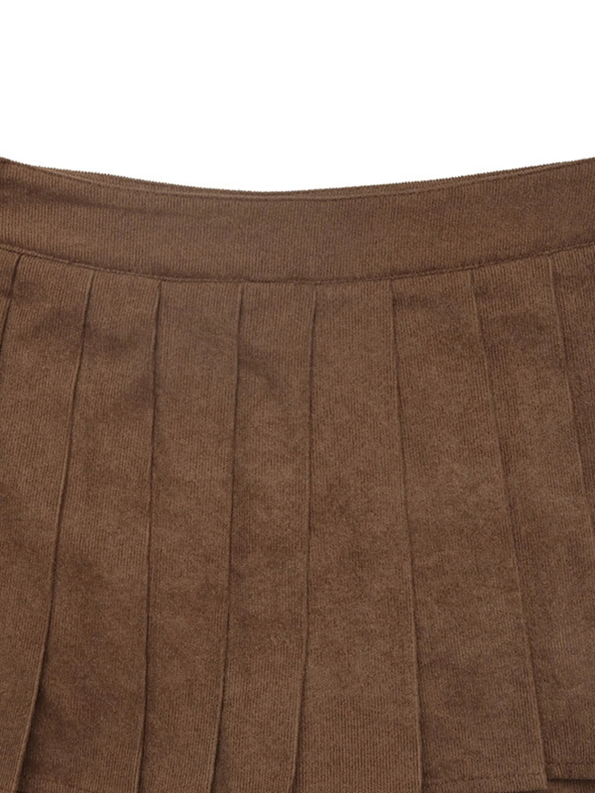 Preppy Style Walnut Brown Pleated Corduroy Mini Skort