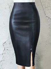 Solid High Rise Concealed Side-seam Zip Pu Leather Bodycon Skirt