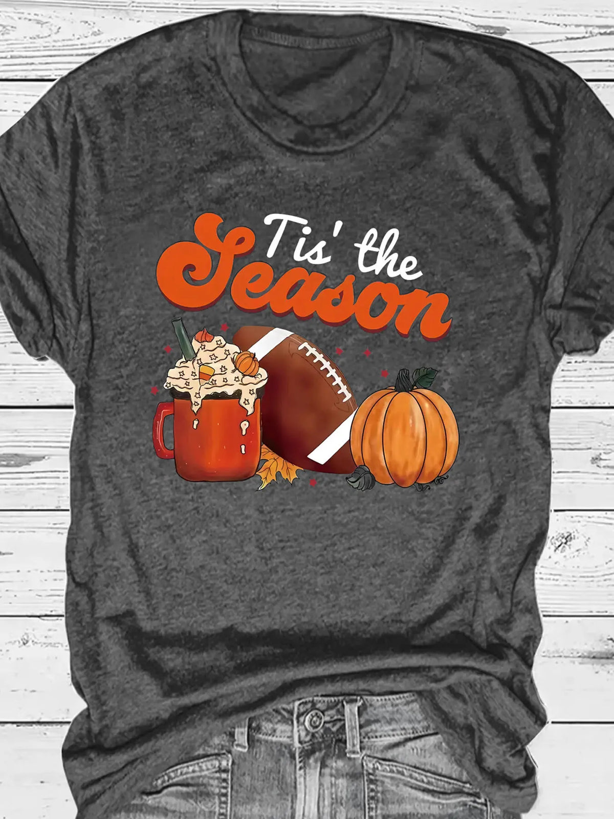 Pumpkin Heat Transfer Spice Football Round Neck T-shirt