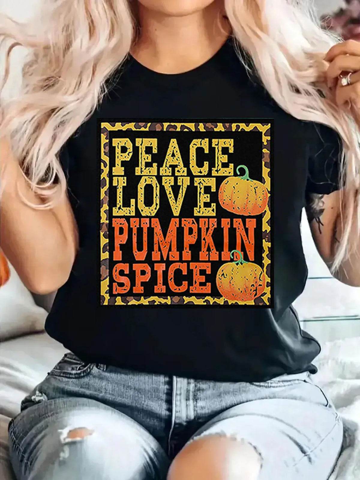 Pumpkin Print Peace Love Pumpkin Spice Round Neck T-shirt
