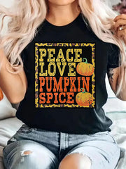 Pumpkin Print Peace Love Pumpkin Spice Round Neck T-shirt