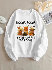 Halloween Coffee & Pumpkin Graphic Round Neck Hocus Pocus I Need Coffee to Focus Sweatshirt