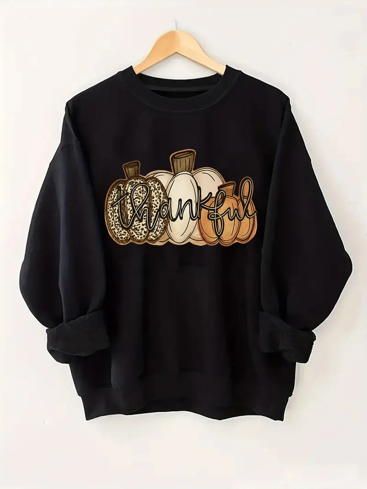 Leopard Print Pumpkin Round Neck Halloween Sweatshirt