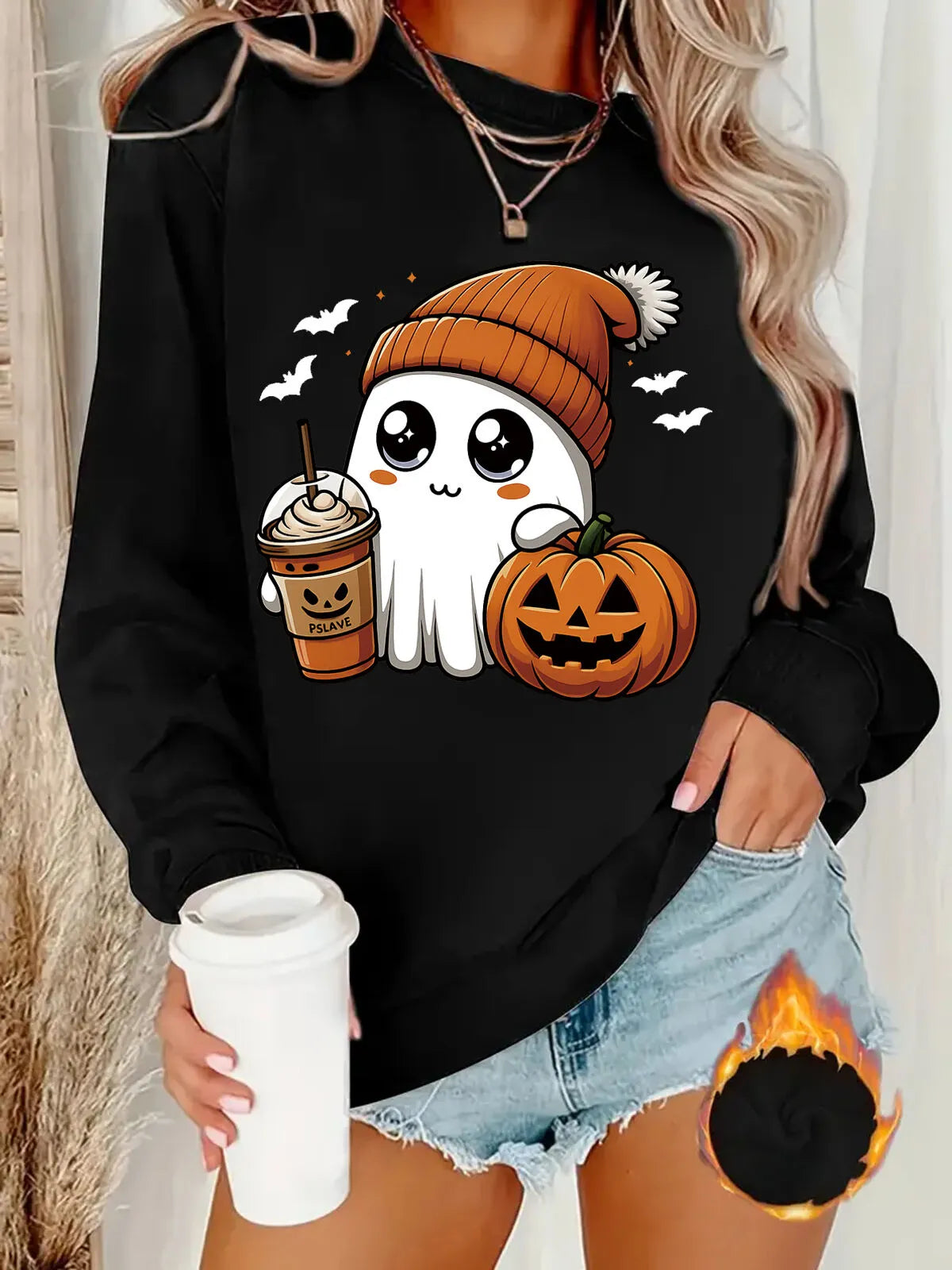 Cute Ghost Pumpkin Round Neck Halloween Sweatshirt