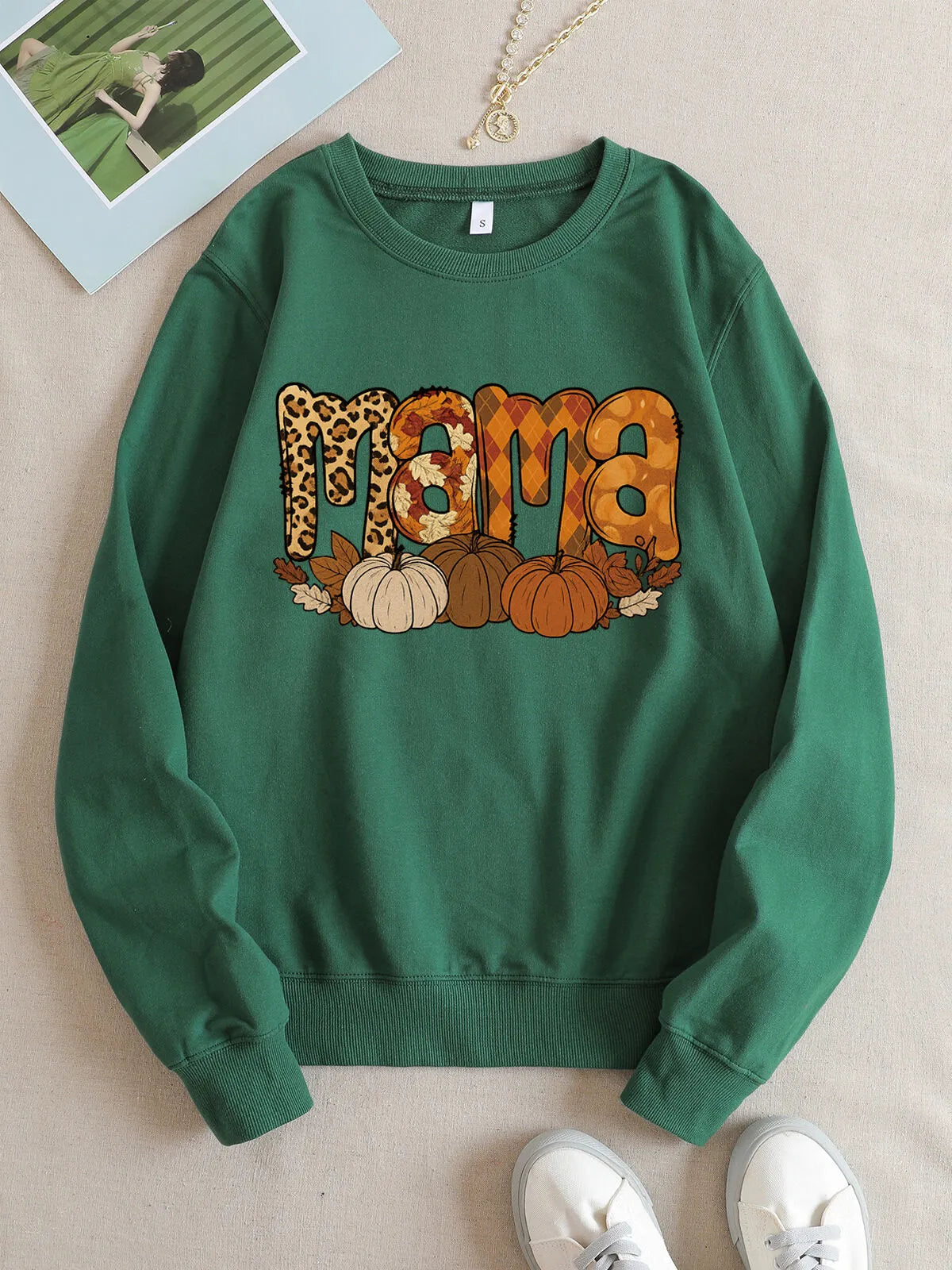 Pumpkin Round Neck Leopard print MAMA Sweatshirt