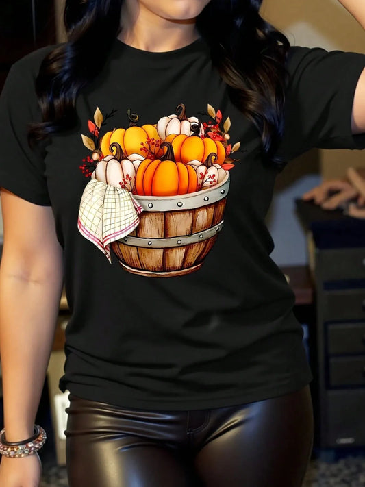 Harvest Festival Pumpkin Print Round Neck T-shirt 1350
