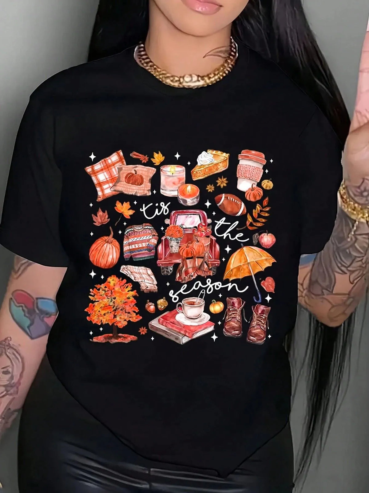 Harvest Festival Print Pumpkin Round Neck T-shirt