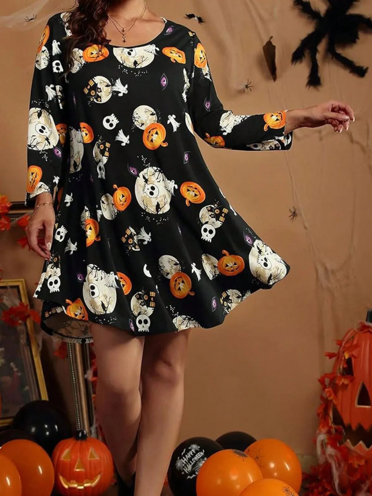 Halloween Pumpkin Round Neck Tunic Dress
