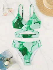 Random Print Tie Back Spaghetti Strap Bikini 