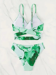 Random Print Tie Back Spaghetti Strap Bikini 