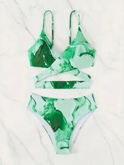 Random Print Tie Back Spaghetti Strap Bikini 