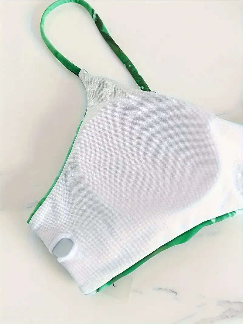 Random Print Tie Back Spaghetti Strap Bikini 