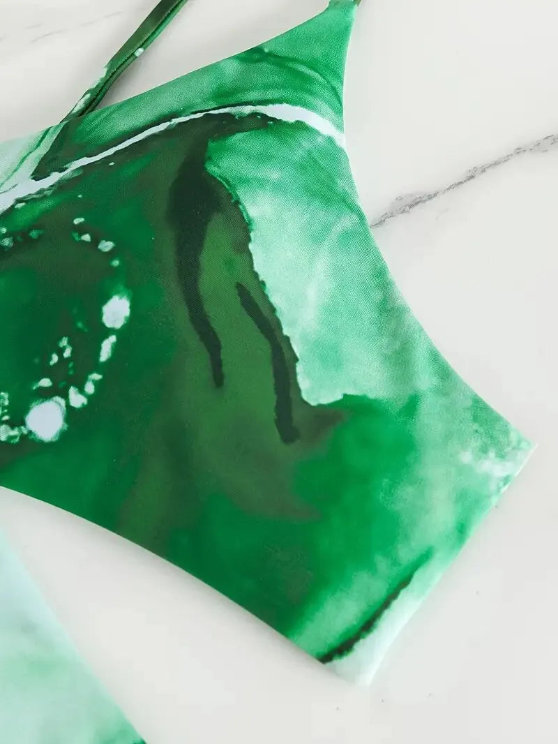 Random Print Tie Back Spaghetti Strap Bikini 