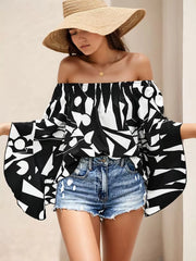 Random Print Wrinkle Off Shoulder Flare Blouse