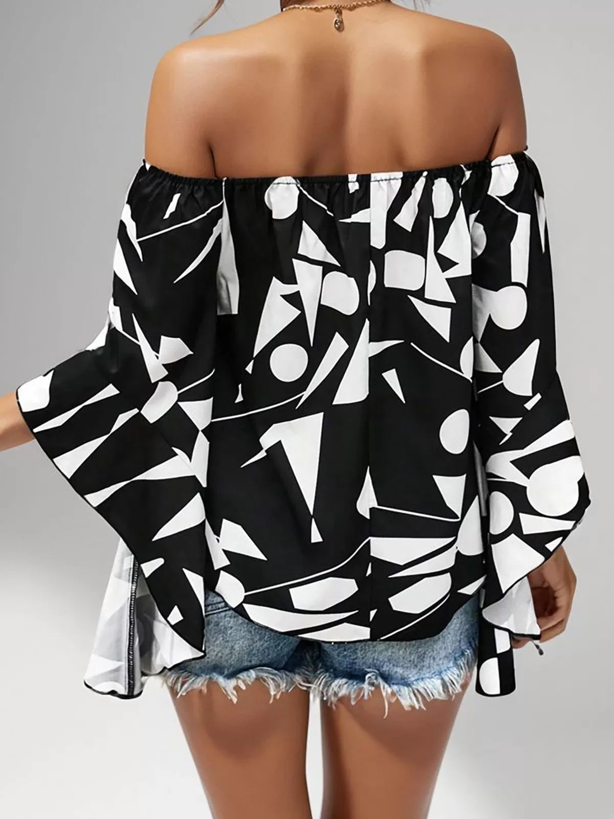 Random Print Wrinkle Off Shoulder Flare Blouse