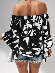 Random Print Wrinkle Off Shoulder Flare Blouse