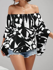 Random Print Wrinkle Off Shoulder Flare Blouse
