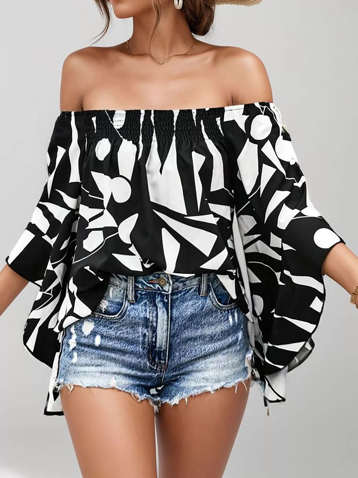 Random Print Wrinkle Off Shoulder Flare Blouse