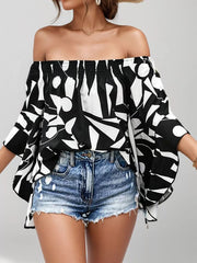 Random Print Wrinkle Off Shoulder Flare Blouse