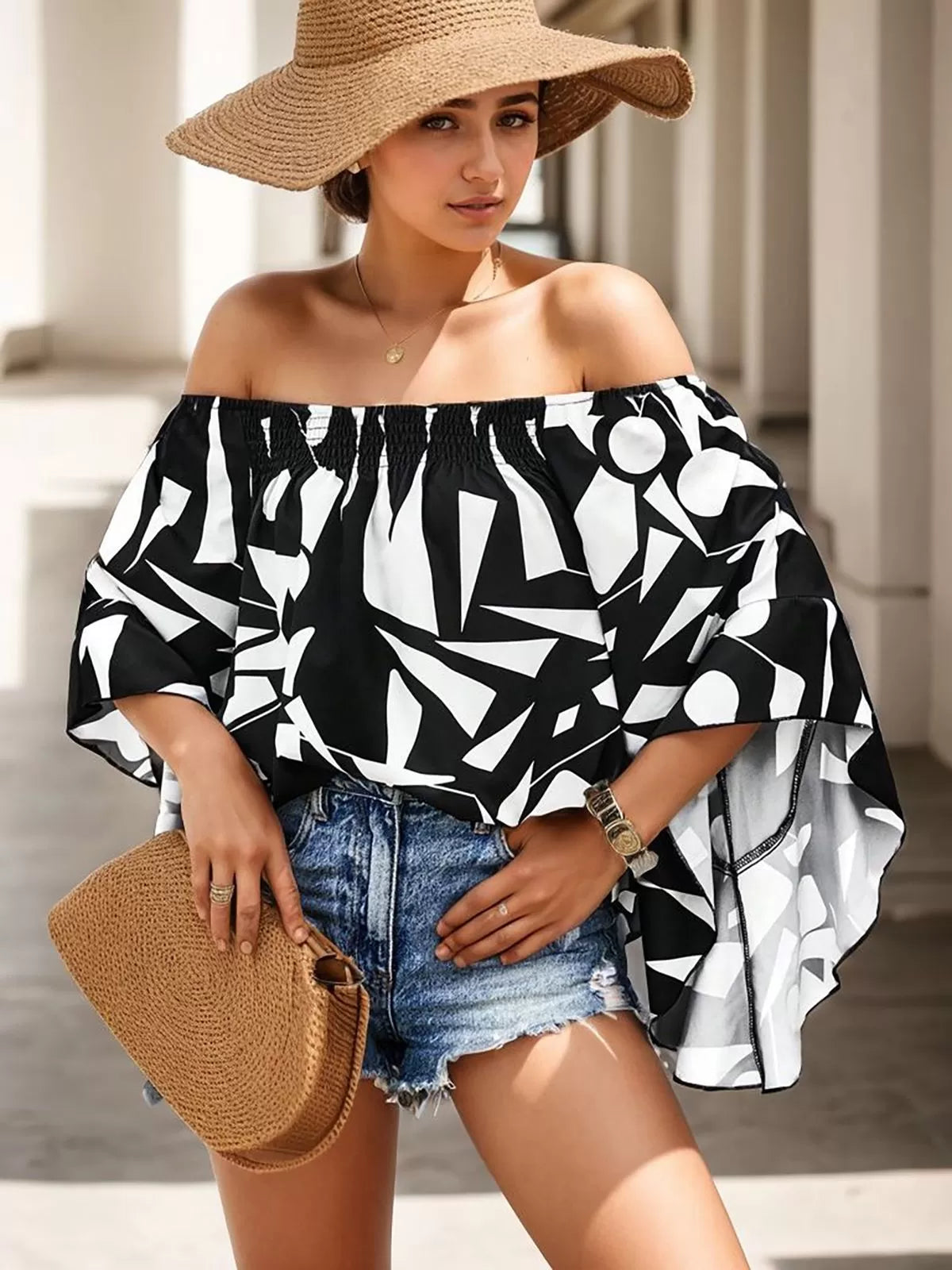 Random Print Wrinkle Off Shoulder Flare Blouse