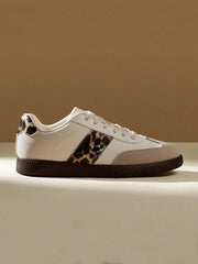 Relaxed Casual Leopard Panel PU Leather Low Cut Lace up Sneakers